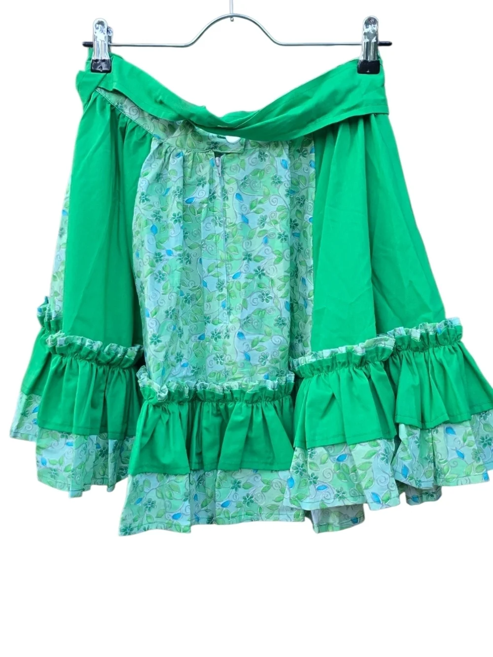 Vintage Green Floral Cotton Square Dance Skirt Cottagecore Prairie Ruffle